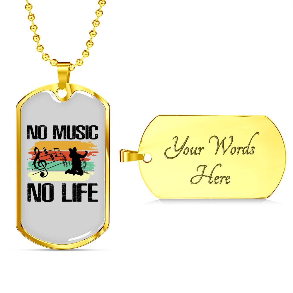 Musician Necklace No Music No Life Personalized Engraved Gold Dog Tag Necklace